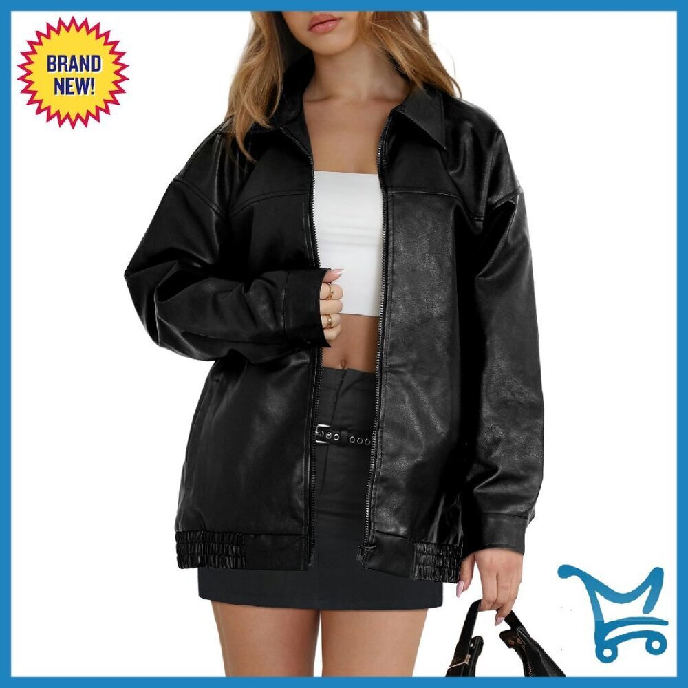 Faux Leather Moto Jacket Oversized Fit Winter Fall Fashion Top